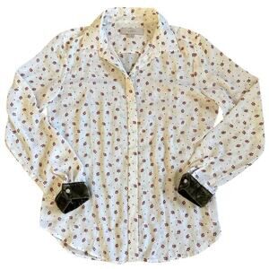 LOFT Long Sleeve White Floral Print Button Front Blouse Velour Dress Shirt Small